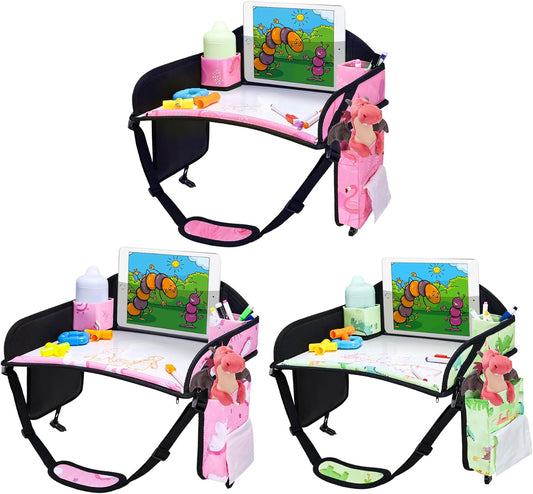 Kids Travel Tray, 3PCS Car Seat Tray for kids Travel, Toddler Road Trip Essentials With Drawing Kit, Toddler Lap Desk Organizer for Car, Carseat Table for Airplane