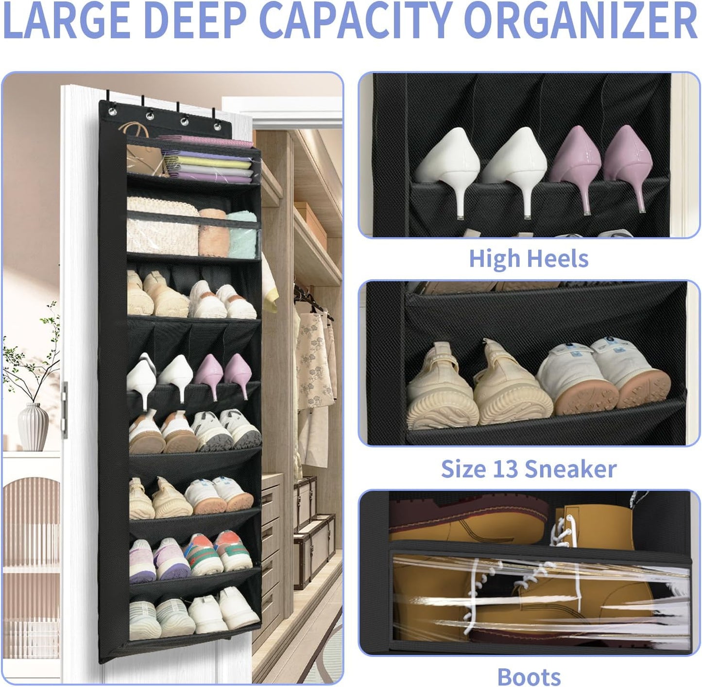 FENTEC 1 Pack 8 Shelves Over The Door Shoe Organizer, 68" Exlarge Deep Pockets Hanging Shoe Organizer, Shoe Rack for Closet, Shoe Holder for Boots,Over Door Organizer in Home, RV, Dorm, Black