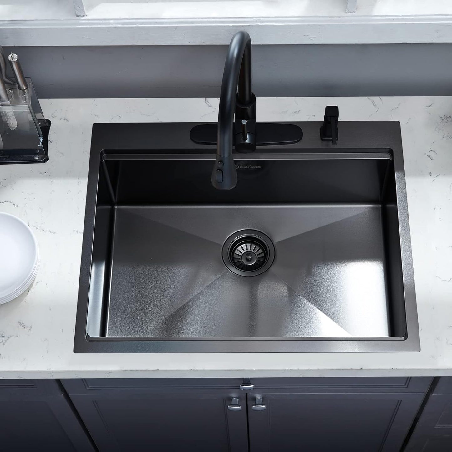 25 Kitchen Sink Drop-In Workstation, 25 x 22 Inch Gunmetal Black Stainless Steel Workstation Sink Topmount Single Bowl with Cutting Board,for Kitchen, Laundry, Utility Room