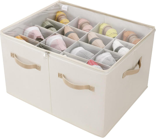 Shoe Organizer for Closet, Foldable Shoe Box with Adjustable Dividers and Clear Cover, Space Saving Shoe Storage Organizer Cabinet with Reinforced Handles, Fits 16 Pairs, Beige TP09Y