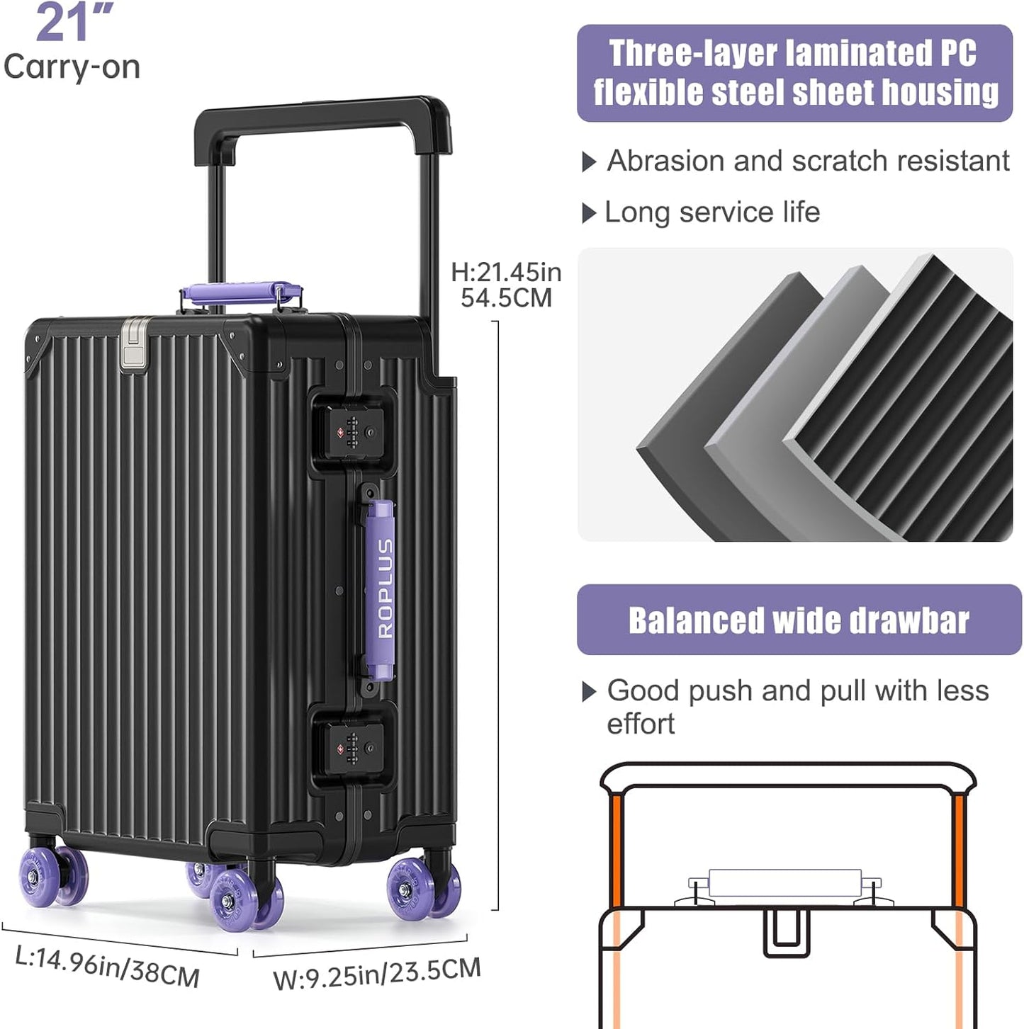 Aluminium Frame Carry on Luggage with Smooth Jelly Wheels, Hardside Zipperless Rolling Suitcase with TSA Lock (BlackPurple, 21-Inch)