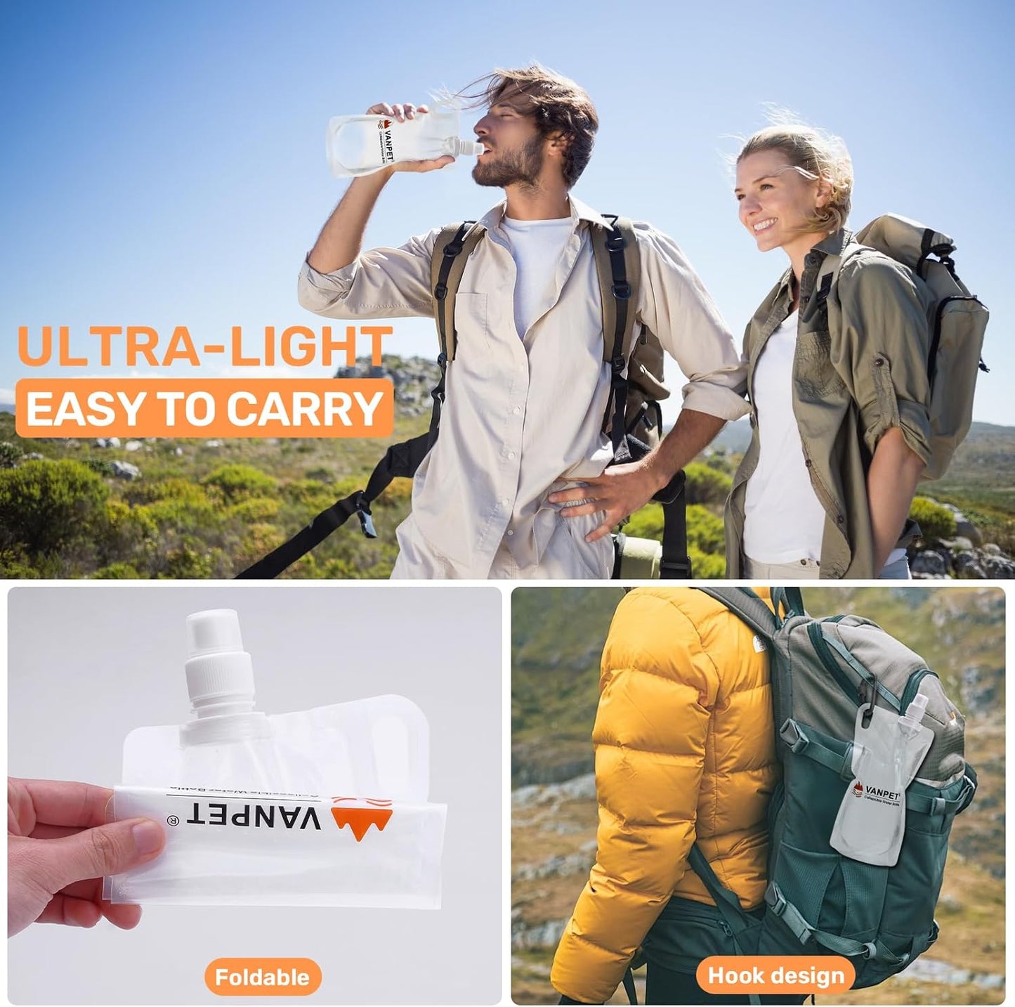 1L Hiking Collapsible Water Bottles, 33OZ BPA-Free Plastic Flasks, Reusable Drink Bags, Foldable Backpacking Water Bottle for Travel Camping Hiking (4-Pack)