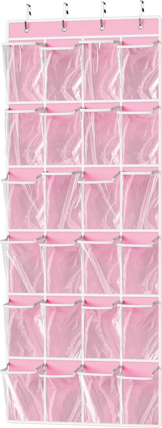 Simple Houseware 24 Pockets Large Clear Pockets Over The Door Hanging Shoe Organizer, Pink (56" x 22.5")