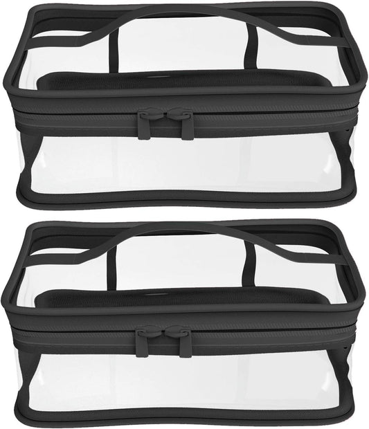 Black Transparent Cosmetic Bag Waterproof Handbag Portable Travel Work Make Up Kit Double Zipper Storage Bag, 2 PCS