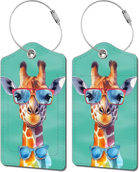 2 Pack Luggage Tag for Suitcase, Cute Unique Leather Bag Tags Identifiers Privacy Cover ID Label with Durable Steel Loop for Women Men Kids Girls Travel，GiraffeF