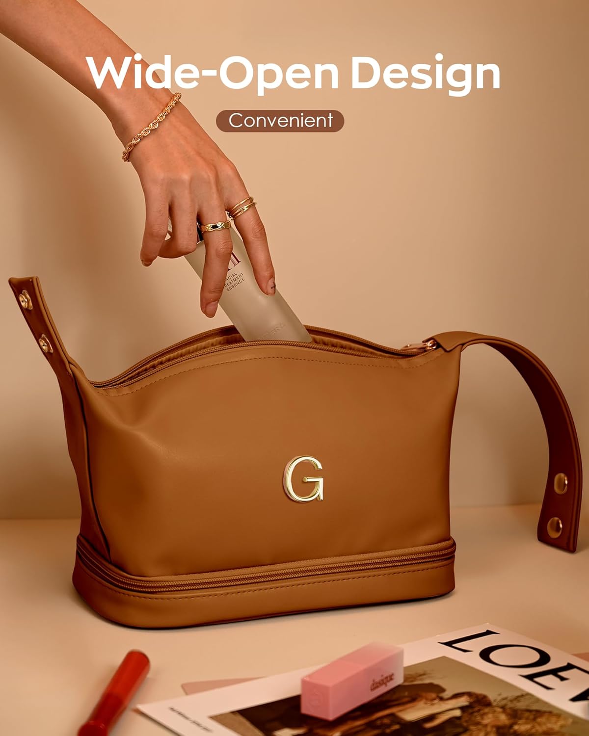 Gifts for Women Birthday, Personalized Makeup Bag Organizer with Handle, Initial Double Layer Cosmetic Bag with Makeup Brush Organizer, Cute Cosmetic Pouch for Women, Gifts for College Girls