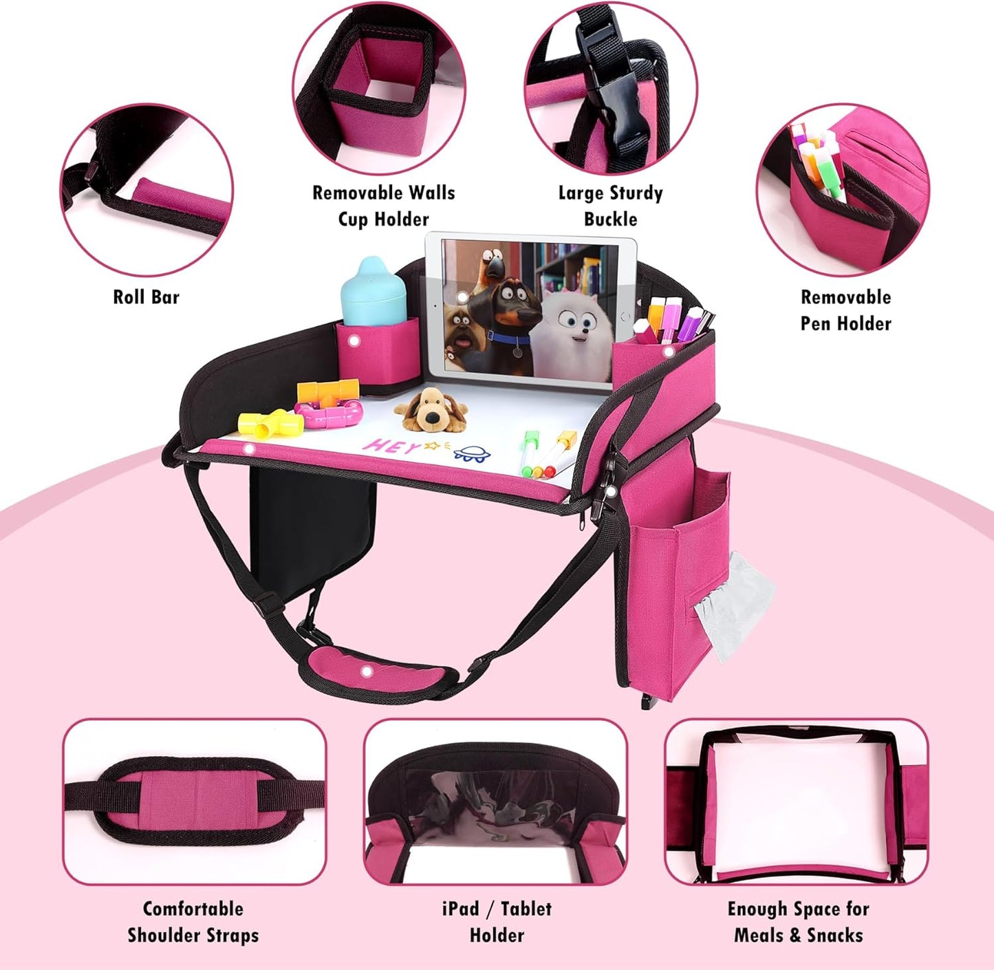 Kids Travel Tray for Airplane - Toddler Car Seat Table Tray, Road Trip Essentials for Boys & Girls, Carseat Lap Desk for Kids Road Trip Activities (Pink-2PCS)