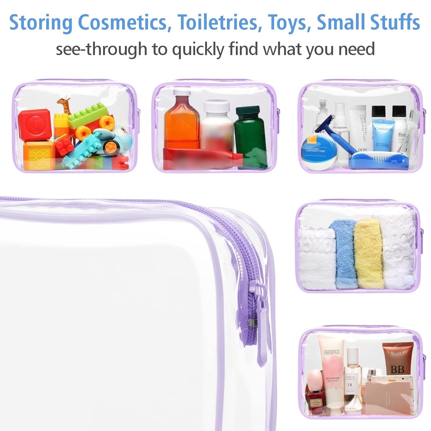 PACKISM Clear Toiletry Bag - 3 Pack Quart Size TSA Approved Toiletry Bag, Travel Makeup Cosmetic Bag for Women Men, Carry on Airport Airline Compliant Bag, Purple