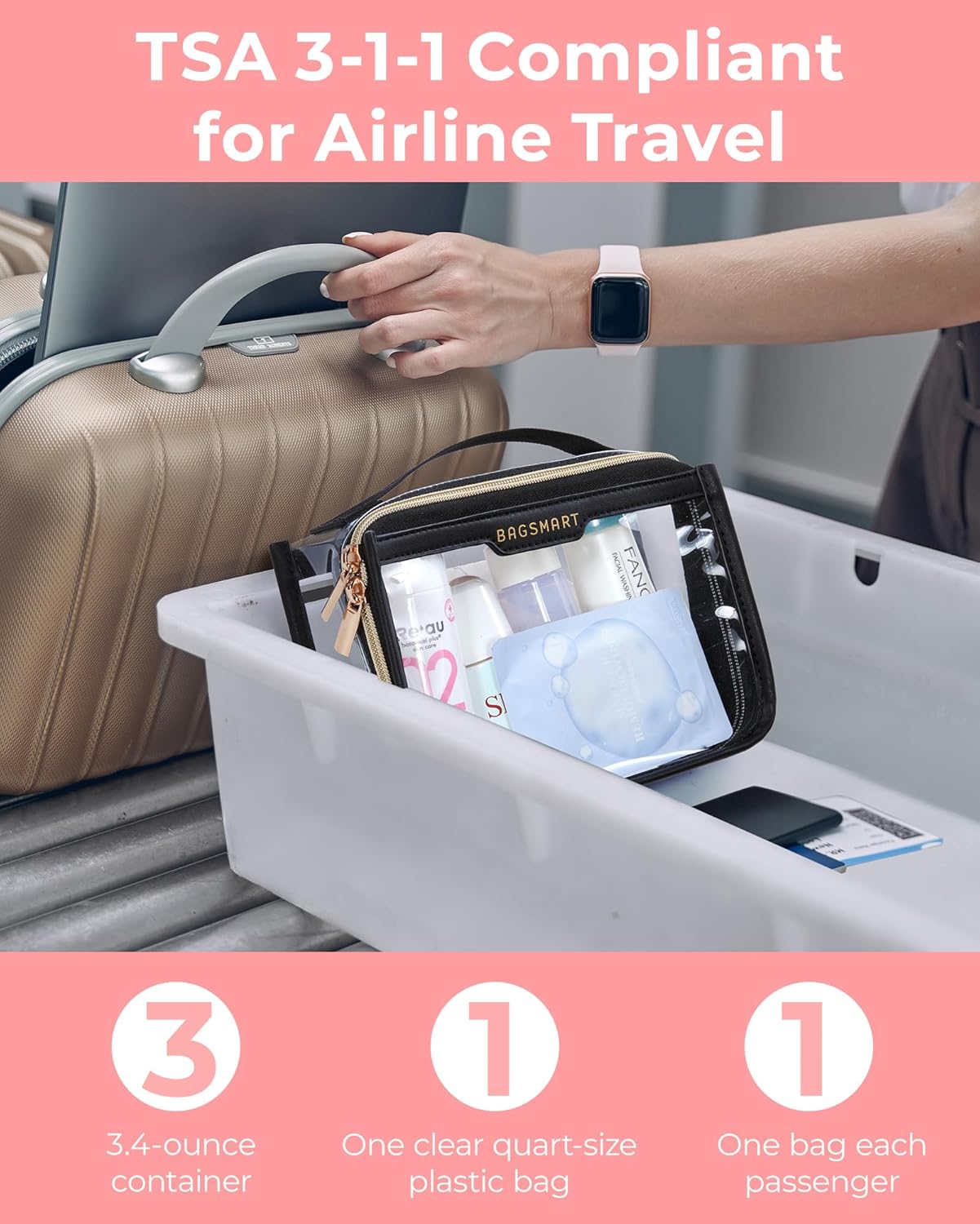 BAGSMART TSA Approved Toiletry Bag, Clear Travel Toiletry Bag, Makeup Cosmetic Pouch Bag for Women Quart Size Compliant Bag Organizer for Travel Essentials (Grey Pack of 1)