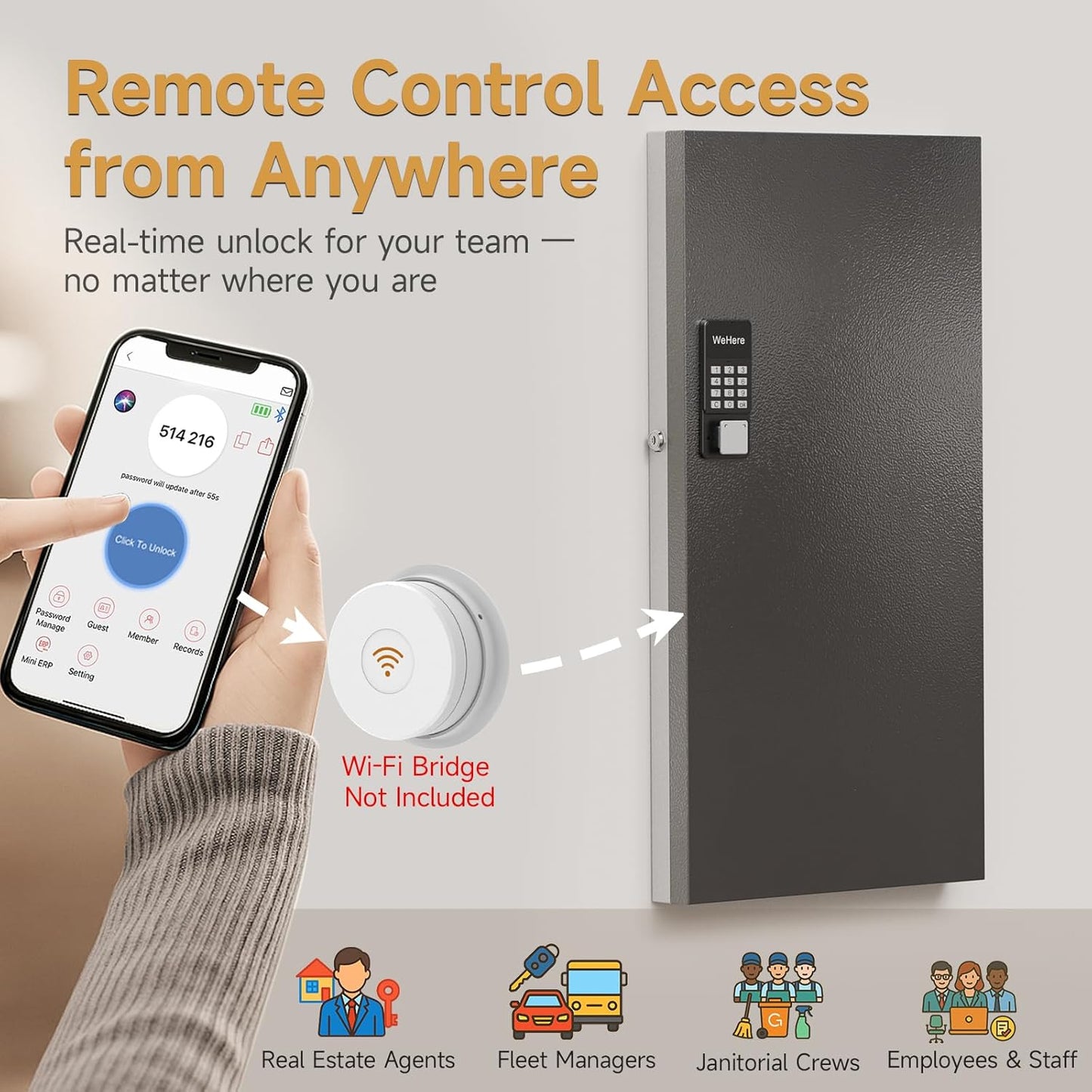 120 Key Lock Box,Metal Key Cabinet Organizer Wall Mount use OTP Technology Unlock,Fixed Password/Bluetooth Unlock, App Remotely Generates Pin Codes Without Internet,Great for Key Hook & Storage