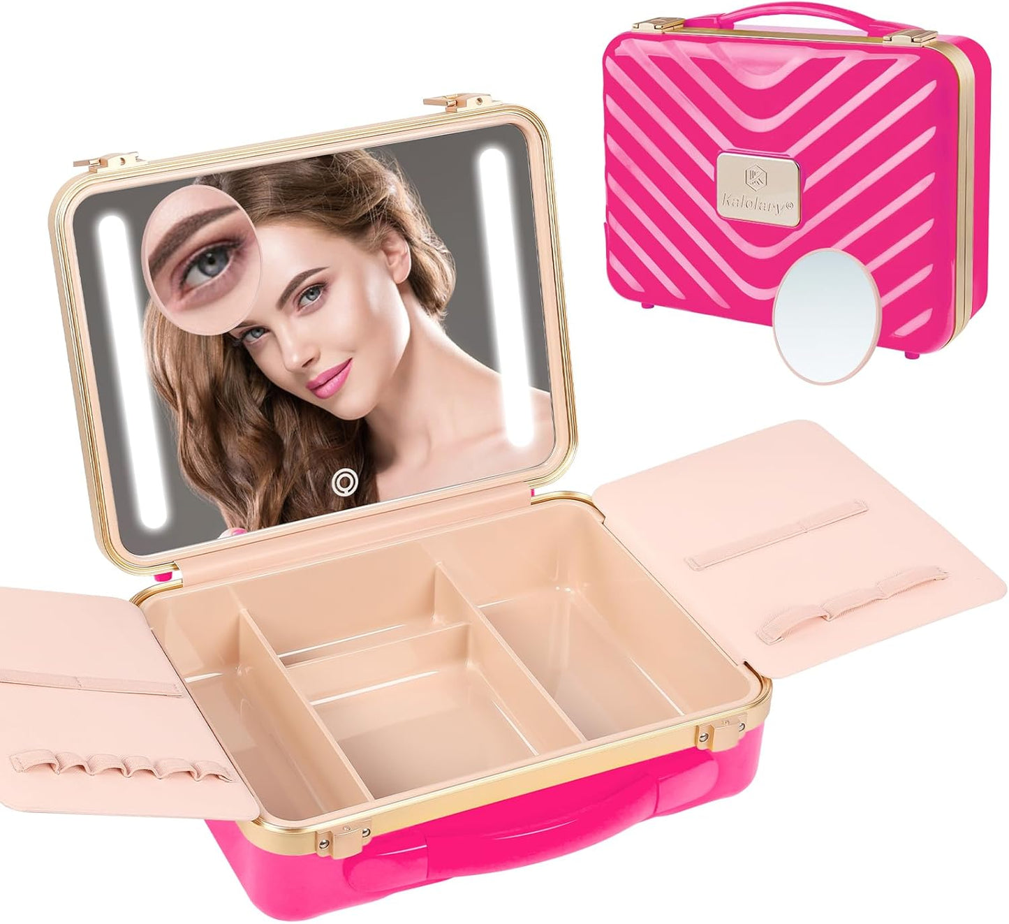Kalolary Travel Makeup Train Cases with Lighted Mirror 3 Color Setting, Makeup Bag Cosmetic Case Organizer Adjustable Brightness Portable Makeup Storage Box with Detachable 5X Magnifying Mirror, Pink