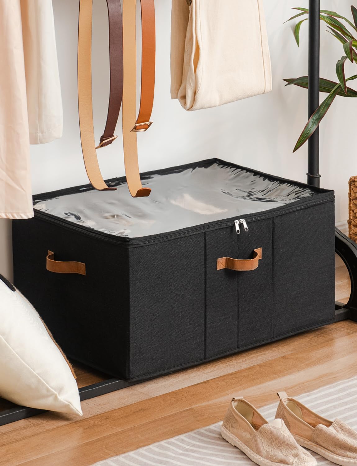 StorageWorks Shoe Organizer for Closet, Fits up to 24 Pairs, Shoe Cubby Storage Containers with Adjustable Dividers and Clear Cover, Black