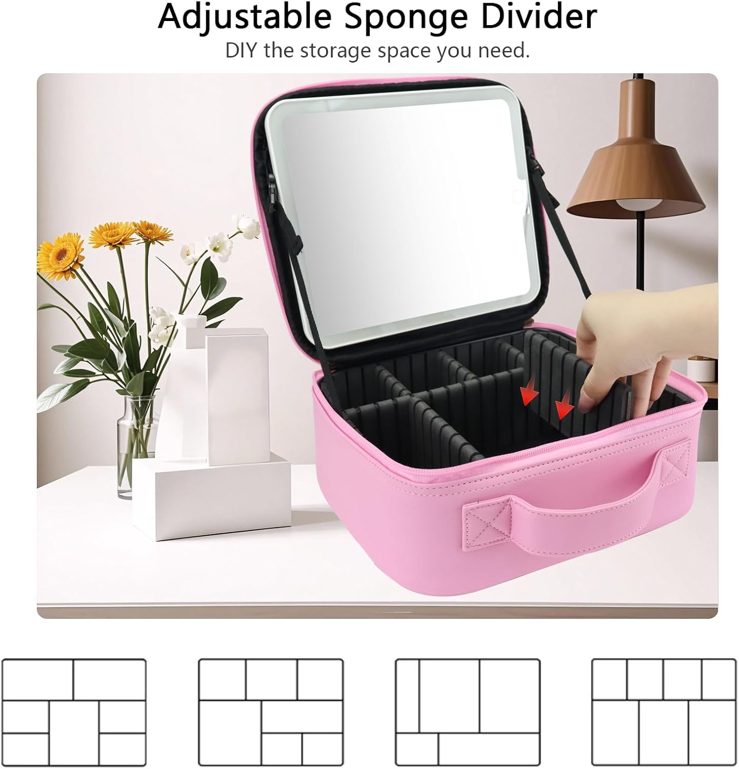 Travel Makeup Bag with LED Mirror Travel Makeup Organizer with 3 Lighted Settings, Adjustable Dividers and Makeup Brush Storage Bag Dark Pink
