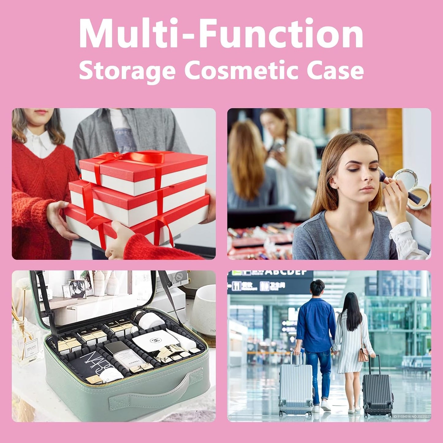 Travel Makeup Bag for Women and Makeup Artists Cosmetic Organizer Large Makeup Case,Travel Makeup Bag with Mirror 3 Color Setting,Portable Storage and Adjustable Dividers(Dark Pink)