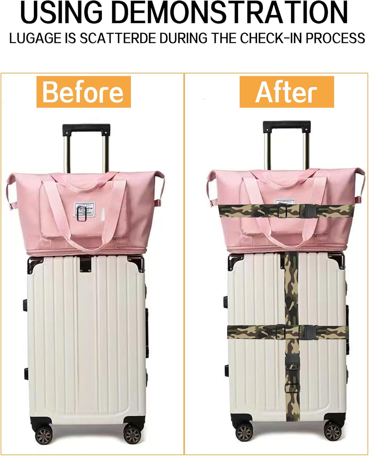 Luggage Straps for Suitcases, Adjustable Travel Belt, Durable Wide Luggage Strap, Cute Suitcase Strap Identifiers with Buckle, Bag Straps for Luggage, Classic Camouflage