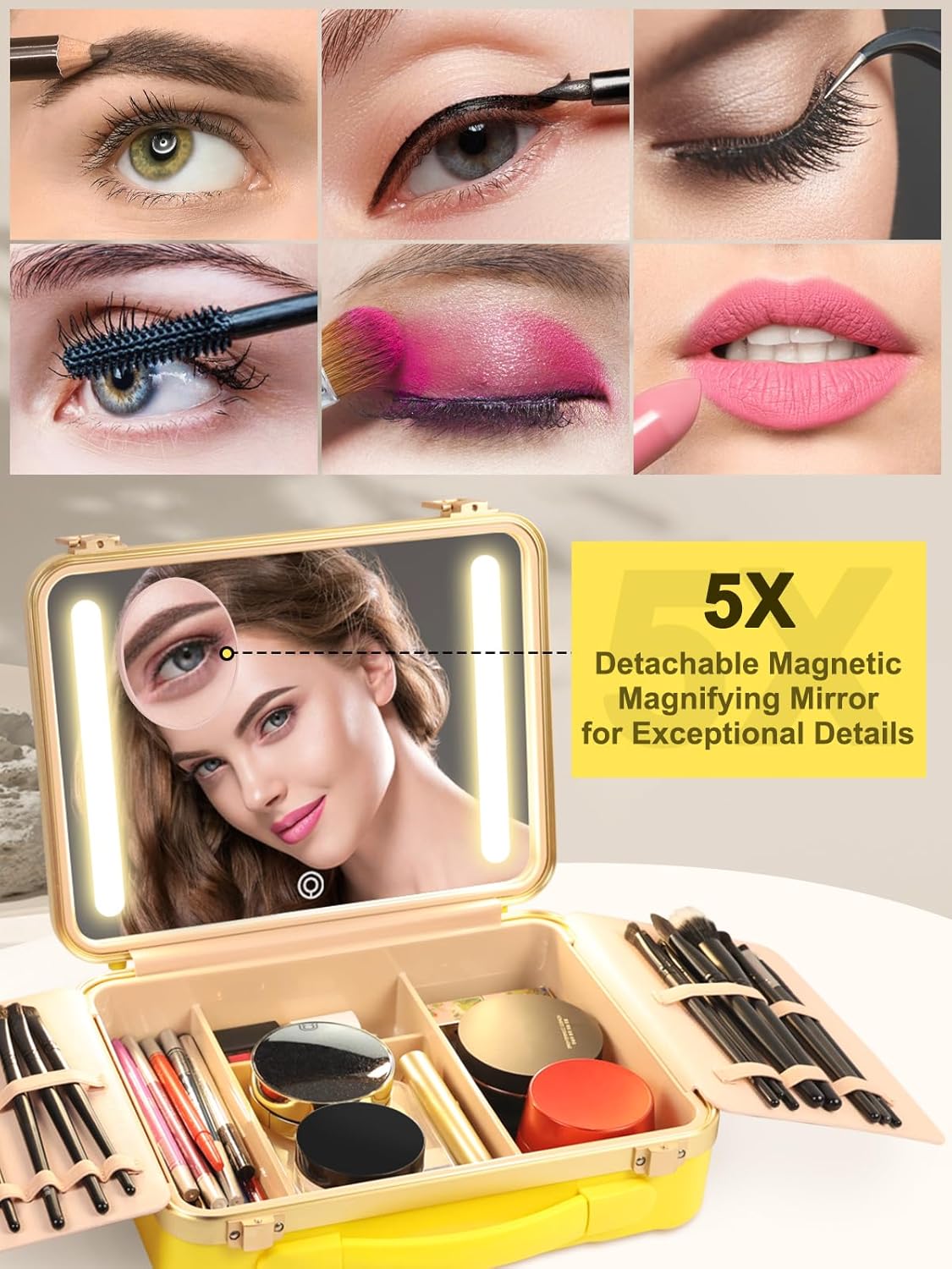 Kalolary Travel Makeup Train Cases with Lighted Mirror 3 Color Setting, Makeup Bag Cosmetic Case Organizer Adjustable Brightness Portable Makeup Storage Box with Detachable 5X Magnifying Mirror Yellow