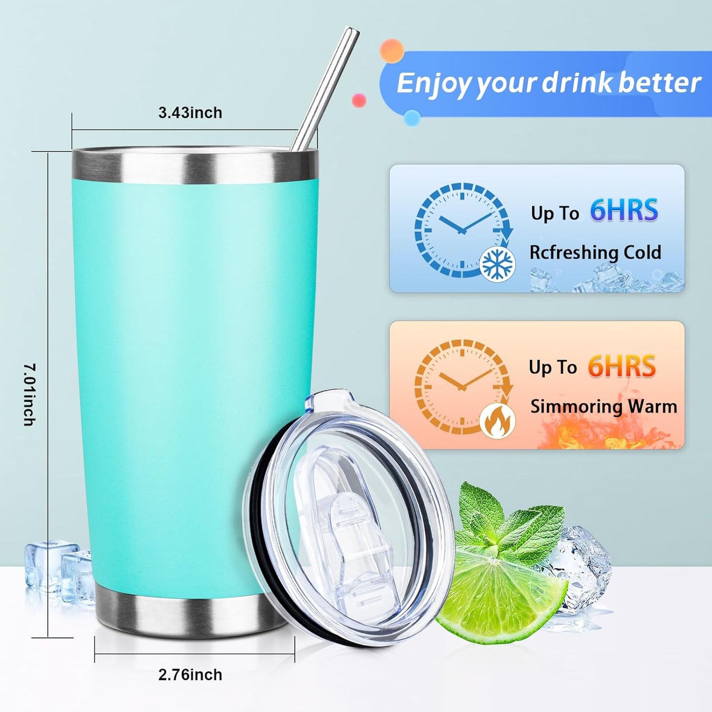 20oz Tumbler with Straw and Brush, Stainless Steel Vacuum Insulated tumbler, Double Wall Insulated Coffee Tumbler for Outdoor, Home, Travel,Office (Light Green,1pcs)