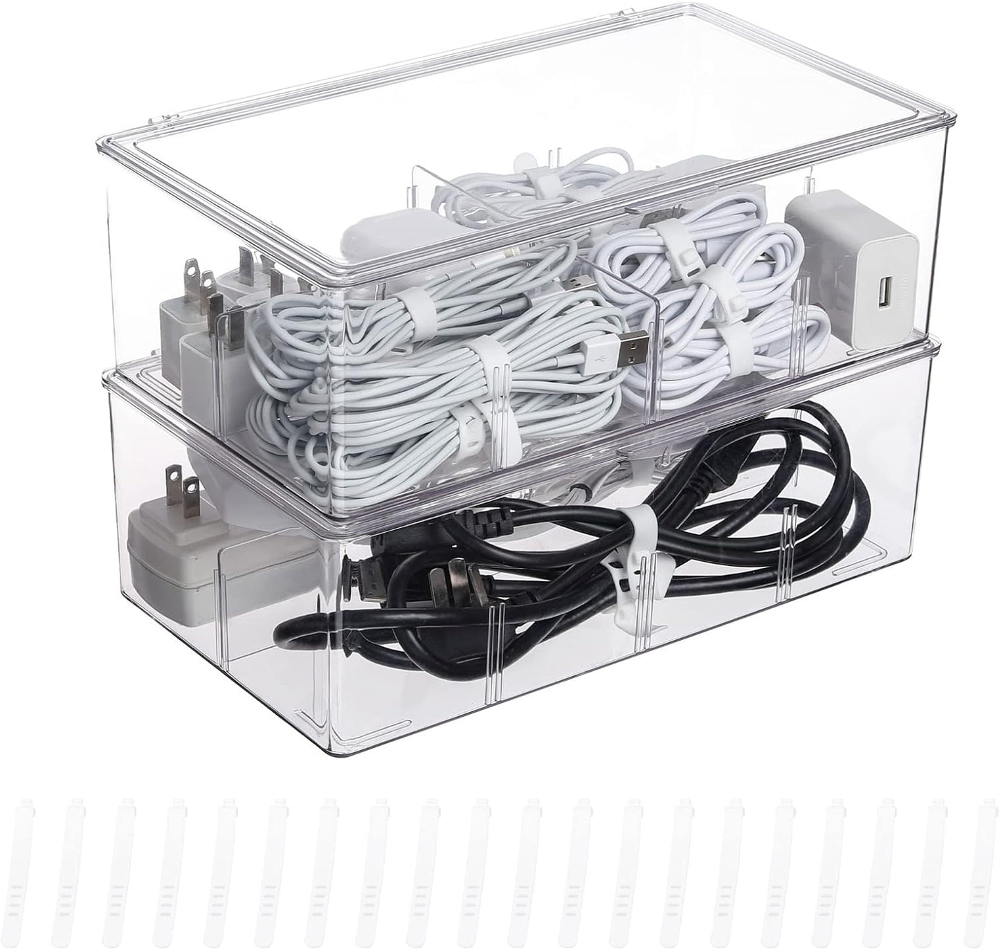 Yesesion Clear Plastic Storage Bins with Lid, Large Cable Organizer Box with Lid and 20 Wire Ties, Adjustable Electronic Cord Management Case for Desk Drawer, Home Office, Art Crafts Supply (2 PACK)