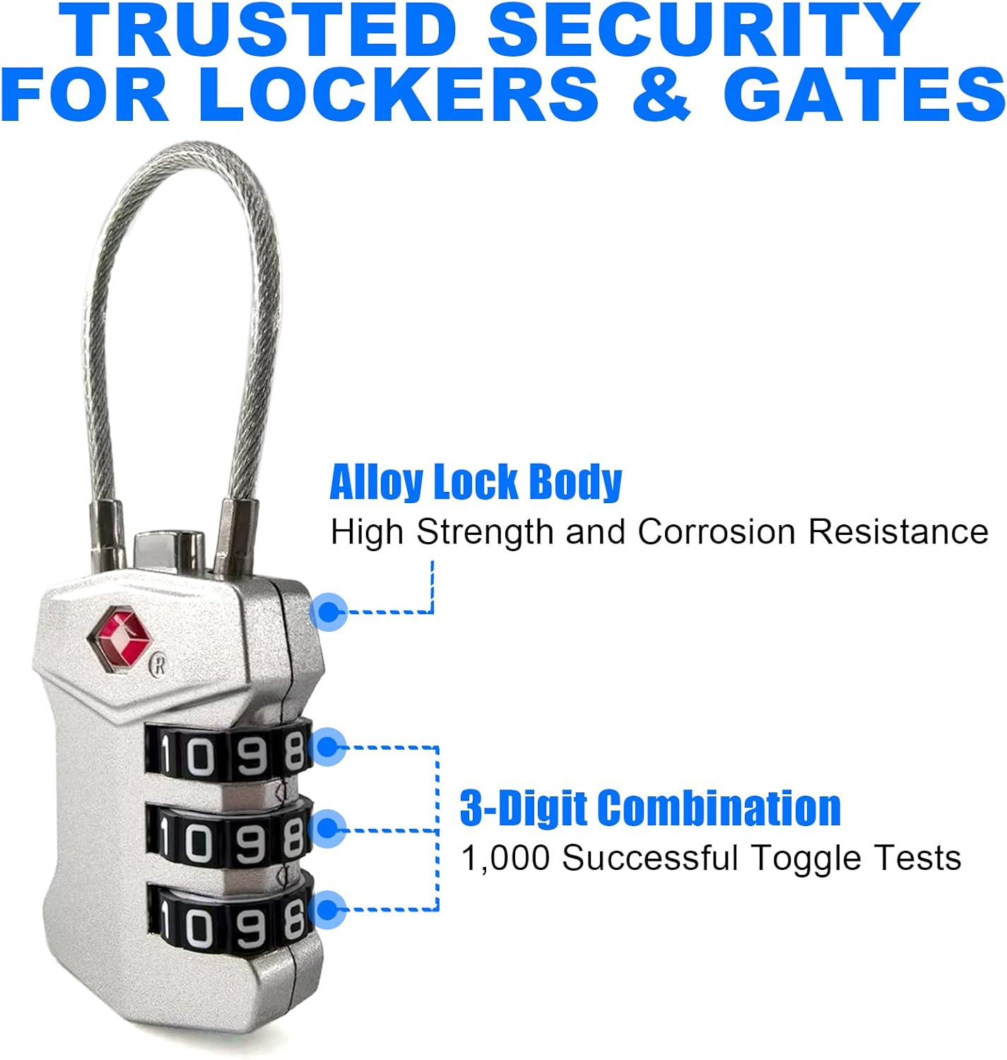 4 Pack TSA Approved Travel Luggage Locks, Cable Combination Lock, 3 Digit Padlock, Alloy Steel Cut-Resistant Cable, Weatherproof Zipper Lock for Gun/Suitcases, Backpacks, Gym Lockers, Golf Bags-NO KEY
