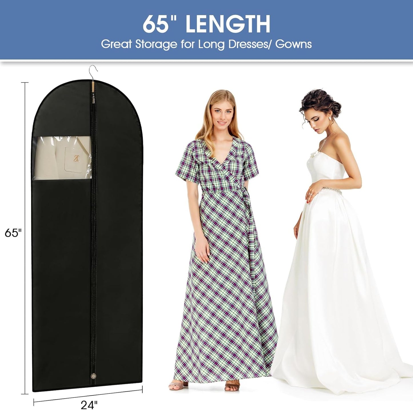 Dress Bags for Gowns, 65'' Long Garment Bags for Hanging Clothes, Dress Garment Bag, Black Dress Bag with Clear Window for Dresses, Coats, Uniforms（2 Packs）