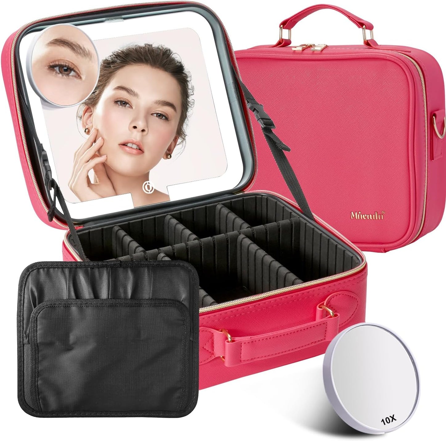 Mocado Travel Makeup Bag with LED Lighted Mirror,Travel Makeup Organizer,Makeup Case with 3 Color Lighted Setting and 10x Magnifying Mirror,Portable Storage and Adjustable Dividers Makeup Box(Red)