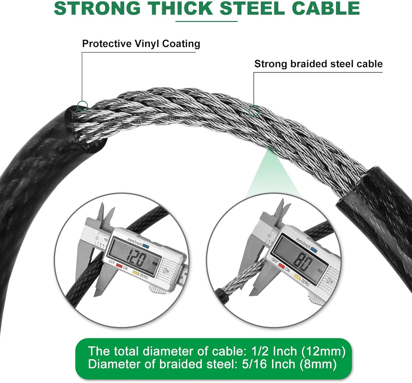 15 ft x 1/2" Heavy Duty Cut-Proof Security Cable | Flexible Vinyl-Coated Braided Steel with Looped Ends | Weatherproof Anti-Theft Locking Cable for Bikes, Gates, Kayaking & Outdoor Equipment