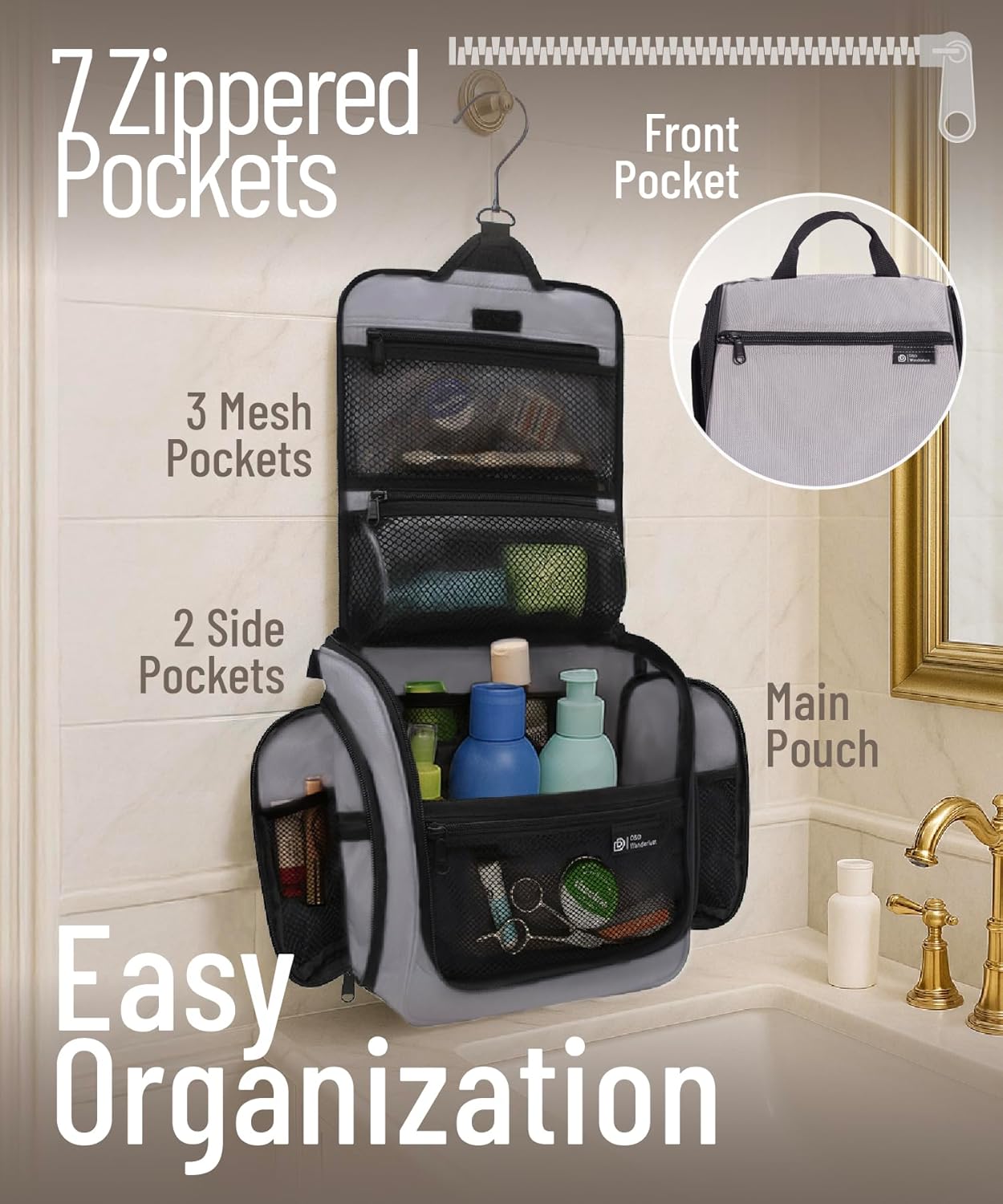 DD D&D Wanderlust D&D Hanging Travel Toiletry Bag for Men and Women – Cosmetics, Makeup and Toiletries Organizer Kit with 10 Compartments, Zippers, XXL Metal Swivel Hook, Water-Resistant Nylon