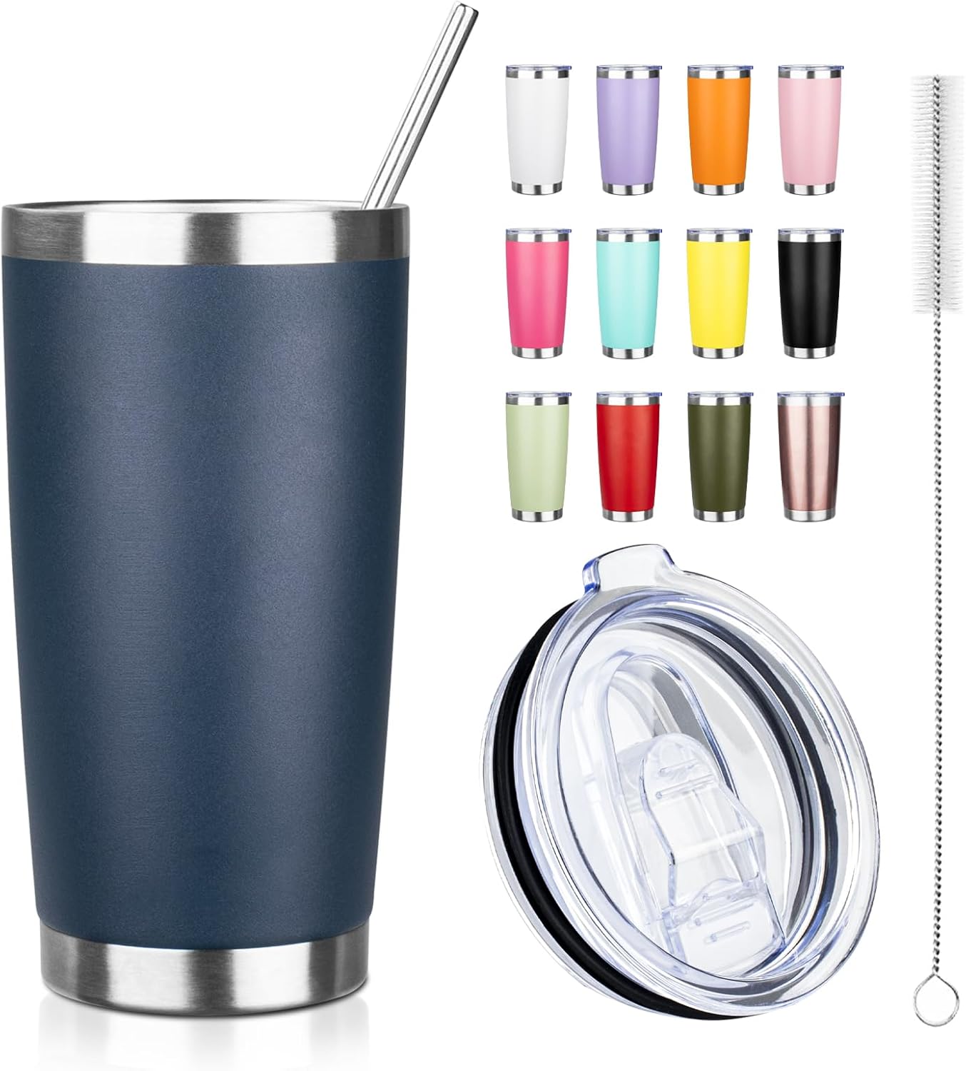 20oz Tumbler with Straw and Brush, Stainless Steel Vacuum Insulated tumbler, Double Wall Insulated Coffee Tumbler for Outdoor, Home, Travel,Office (Navy blue,1pcs)