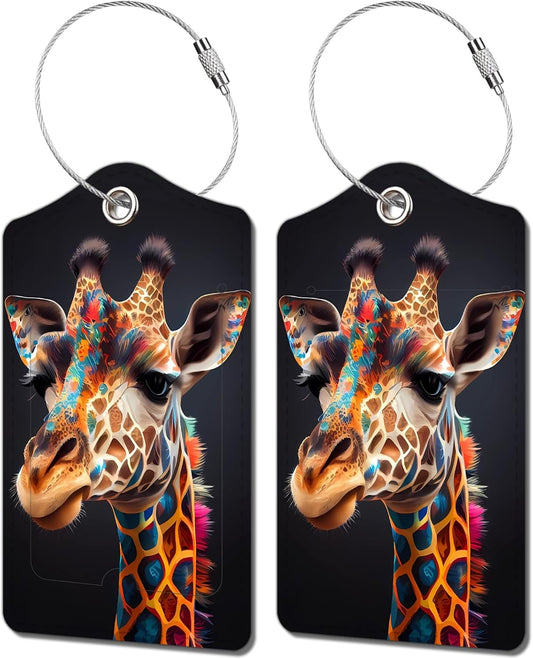 2 Pack Luggage Tag for Suitcase, Cute Unique Leather Bag Tags Identifiers Privacy Cover ID Label with Durable Steel Loop for Women Men Kids Girls Travel，GiraffeB