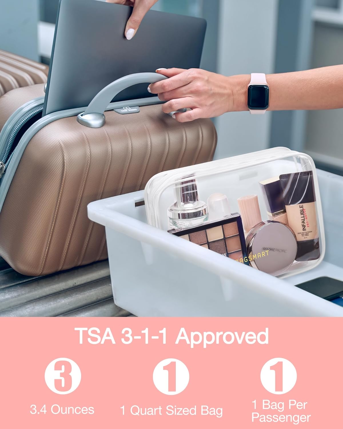 BAGSMART Clear Toiletry Bag, 2 Pack TSA Approved Travel Toiletry Bag Carry on Travel Accessories Bag Airport Airline Quart Size Bags Water Repellent Makeup Cosmetic Bag for Women (White-2pcs)