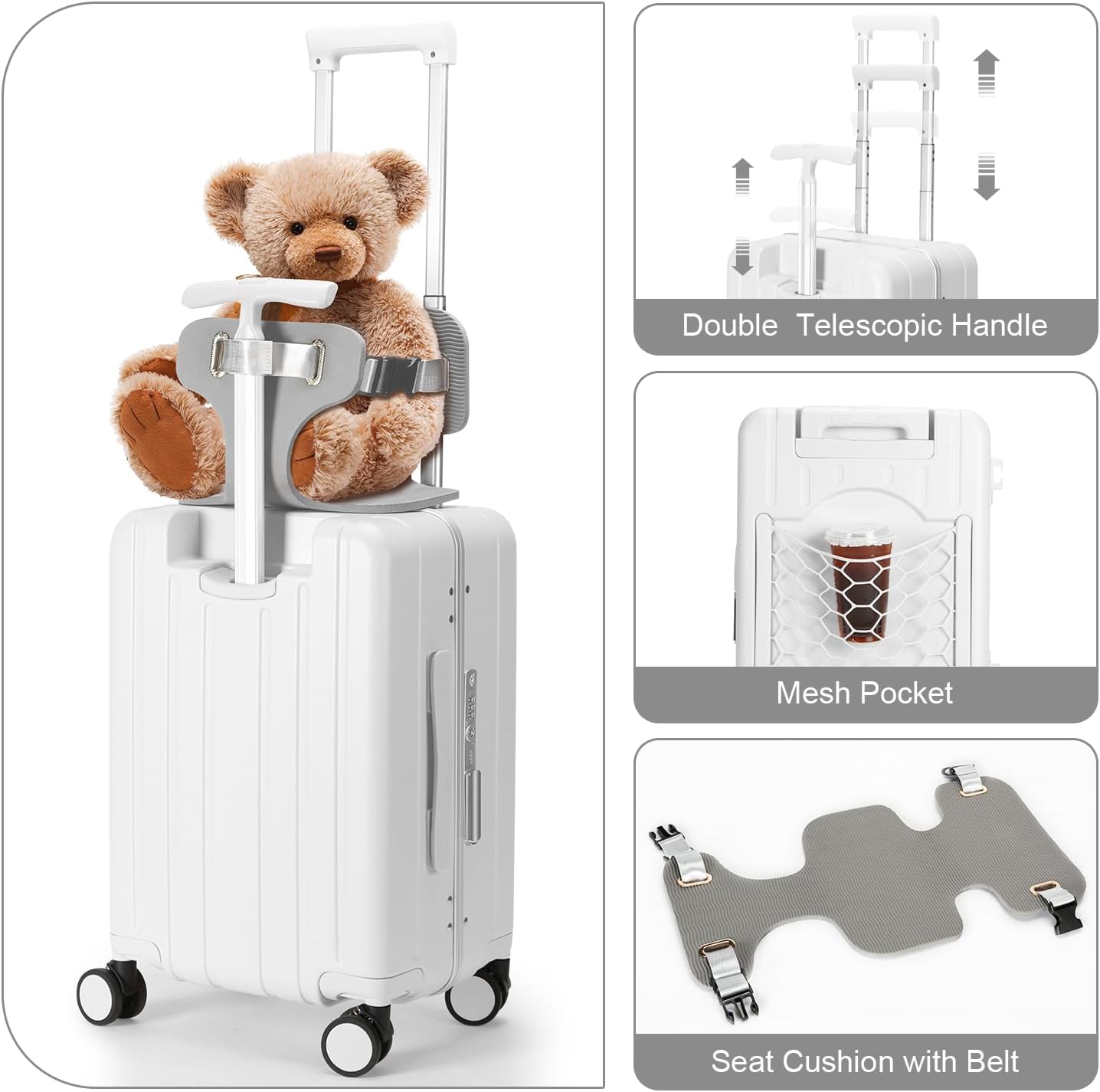 MRPLUM Carry On Luggage Double Handle Suitcase with Net Pocket,Hard Shell Spinner Wheels Luggage with TSA Lock&Seat Belt,20 inch,White