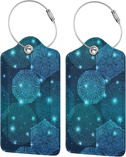 2Pcs Glowing Mandala Themed Luggage Tags for Suitcases, Beautiful Art Teal Blue Name ID Identifier Labels for Baggage Travel Bag, Shine Aesthetic Leather Bag Tags with Full Privacy Cover