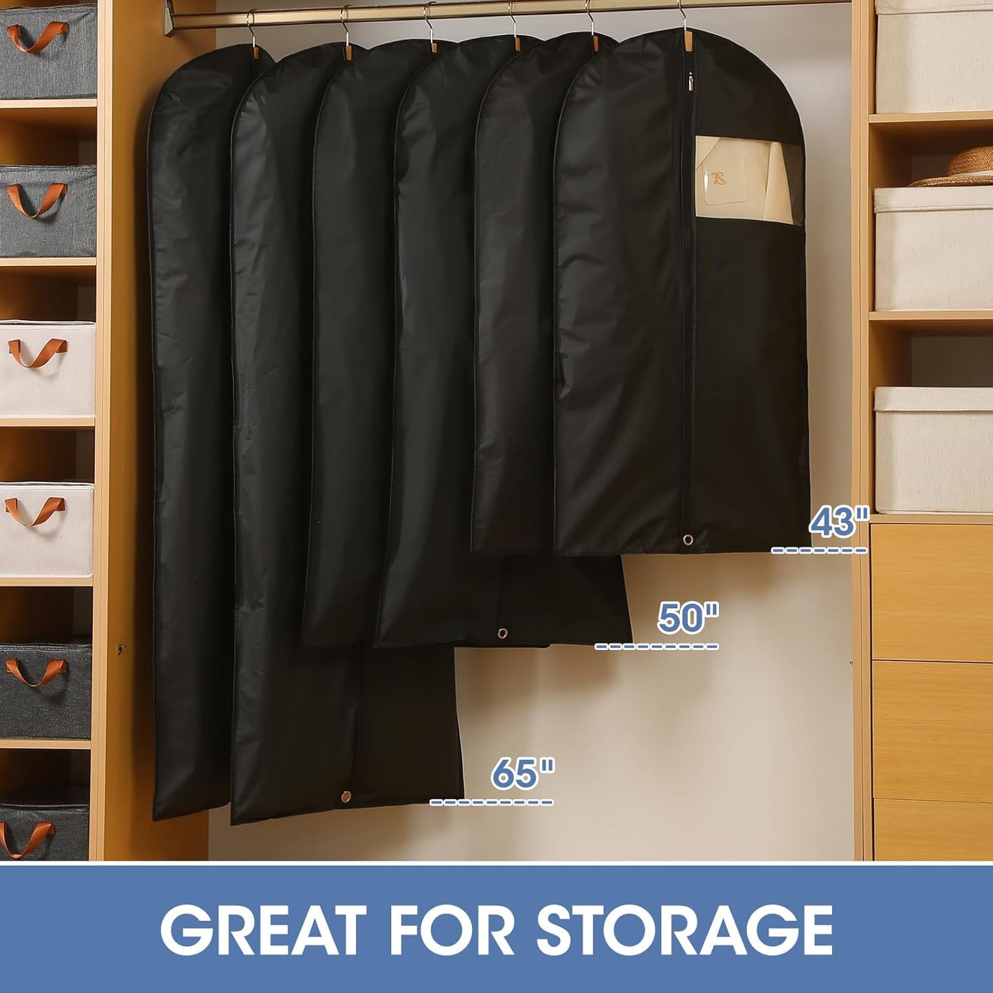 Dress Bags for Gowns, 65'' Long Garment Bags for Hanging Clothes, Dress Garment Bag, Black Dress Bag with Clear Window for Dresses, Coats, Uniforms（2 Packs）