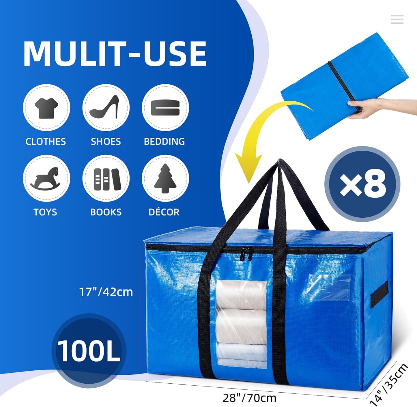 TAILI Extra Large Moving Bags, 8 Pack Blue Heavy Duty Totes For Storage with Visible Window, Wrap Around Handles, Storage Bags for Space Saving, Alternative to Moving Boxes