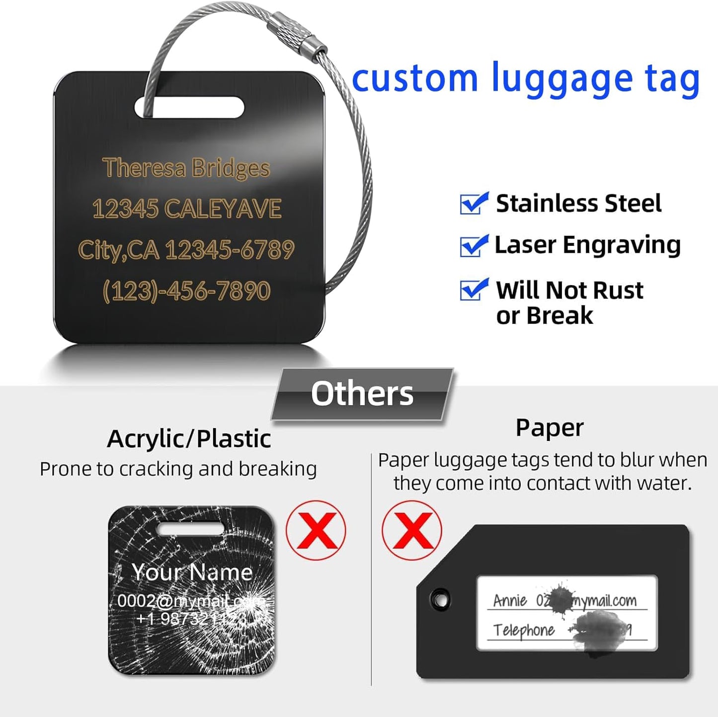 (5Pack Made in USA) Custom Personalized Luggage Tags-Customized Unique tag for Suitcase Backpack Travel,Bags (Purple (3.8×2))