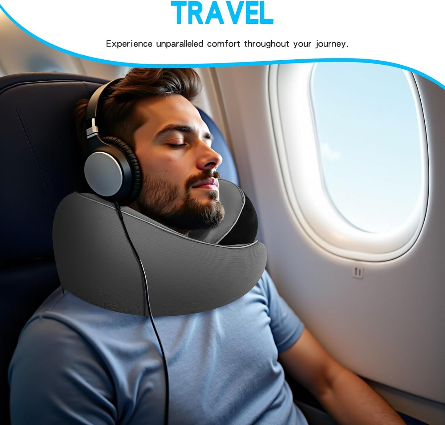 Adjustable Memory Foam Grey U-Shaped Travel Pillow with Luxurious Knitted Cotton Cover, Slow-Rebound Design for Airplane Travel and Neck Comfort, Perfect Traveler Gift