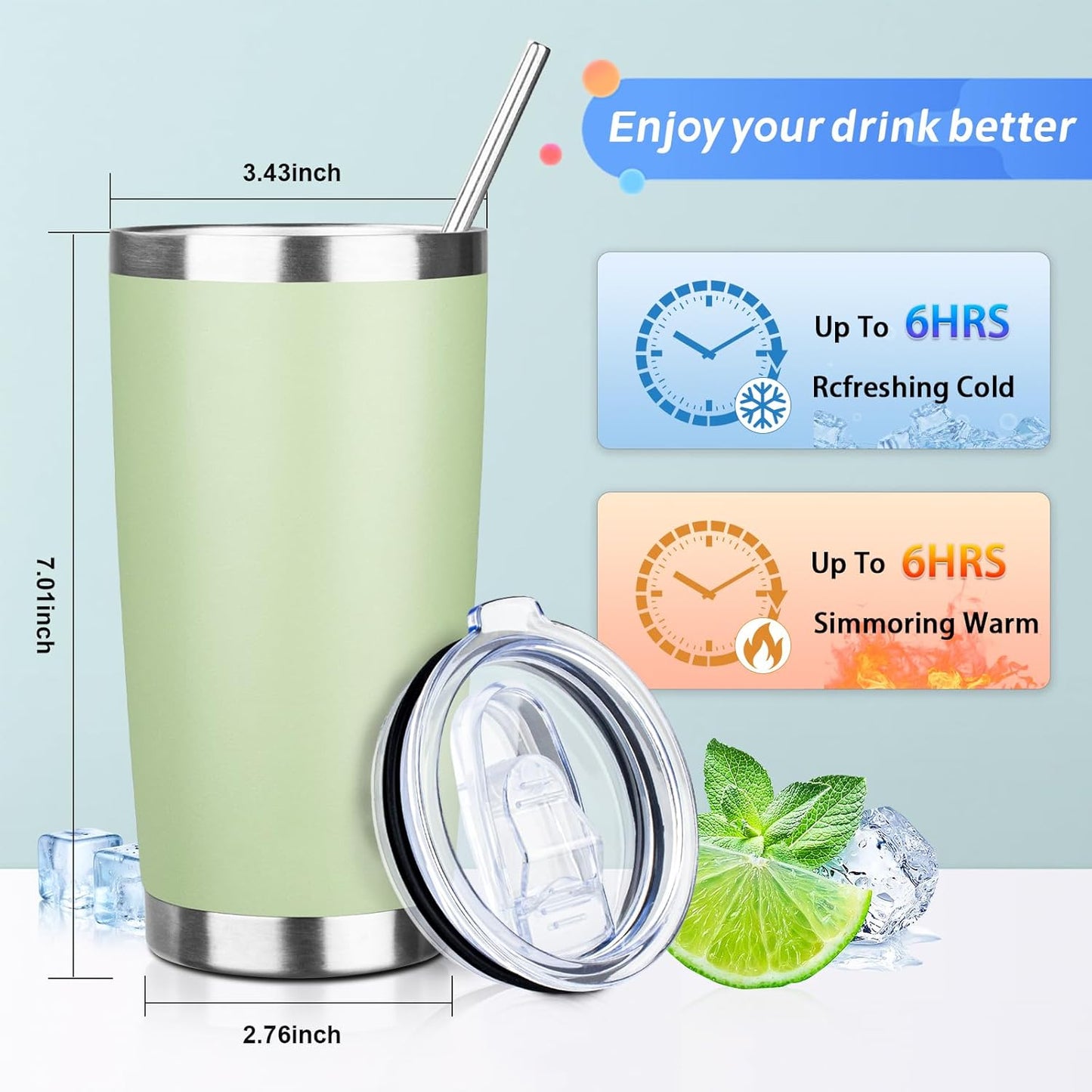 20oz Tumbler with Straw and Brush, Stainless Steel Vacuum Insulated tumbler, Double Wall Insulated Coffee Tumbler for Outdoor, Home, Travel,Office (Matcha Green,1pcs)