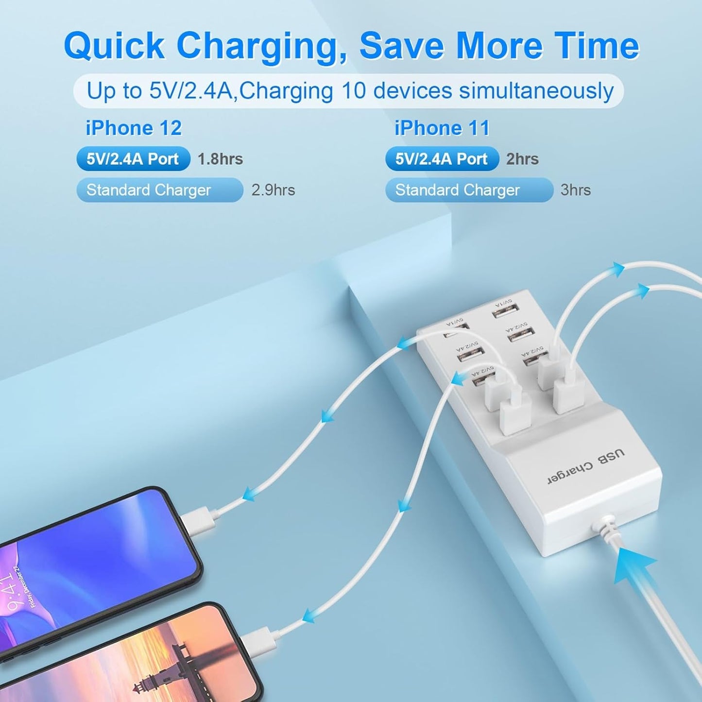 QIONMAR USB Wall Charger USB Charging Station for Multiple Devices USB Charger 10-Ports Power Hub Strip Smart Plug Charging Dock Charge Block Compatible with iPhone 15,iPod,Galaxy S Smart Phones