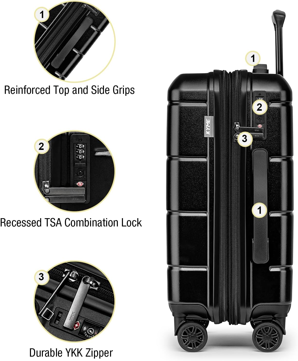 KYME Carry On Luggage 22x14x9 Airline Approved Expandable with Cup Holder 20 Inch Hardshell Carry-On Suitcase with Spinner Wheels TSA Lock Small Lightweight Travel Rolling Luggage Black