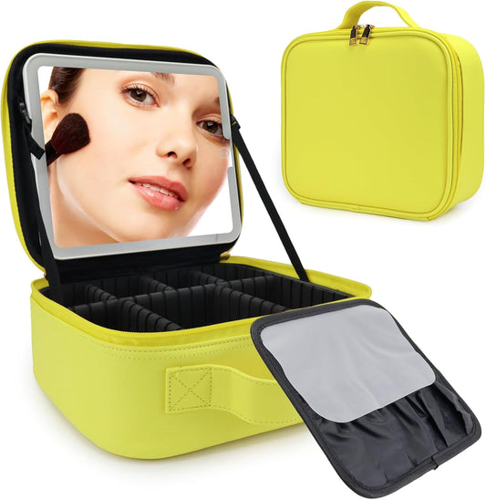 Travel Makeup Bag with LED Mirror Travel Makeup Organizer with 3 Lighted Settings, Adjustable Dividers and Makeup Brush Storage Bag Yellow