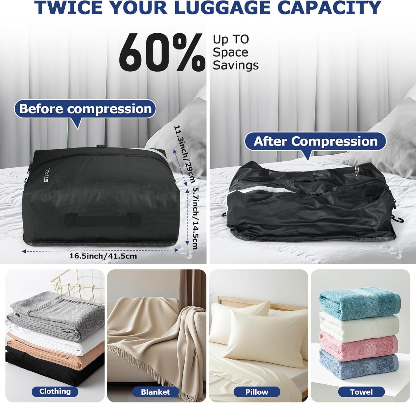 TPU Vacuum Bag for Travel, 70D Nylon Reusable Compression Bag with IP67 Waterproof Zipper, Compression Packing Cubes for Clothing, Space Saver Bags for Luggage and Backpack(Gray-1 PCS + PUMP)