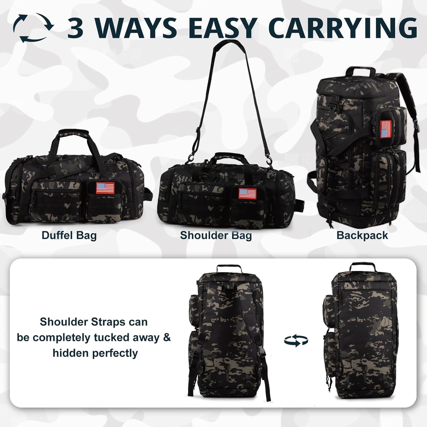 Tactical Gym Bag for Men，70L Large 3 in 1 Sports Duffle Bag with Shoes Compartment for Travel,Water Resistant Travel Backpack Weekender Overnight Bag with Wet Pocket for Women