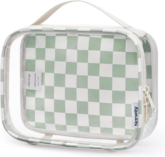 Narwey TSA Approved Clear Toiletry Bag for Travel, Waterproof PVC Clear Makeup Bags, Portable Compact Cosmetic Bag Make Up Organizer, Airport Airline Quart Size Compliant Bag (Mint Green Checkerboard)