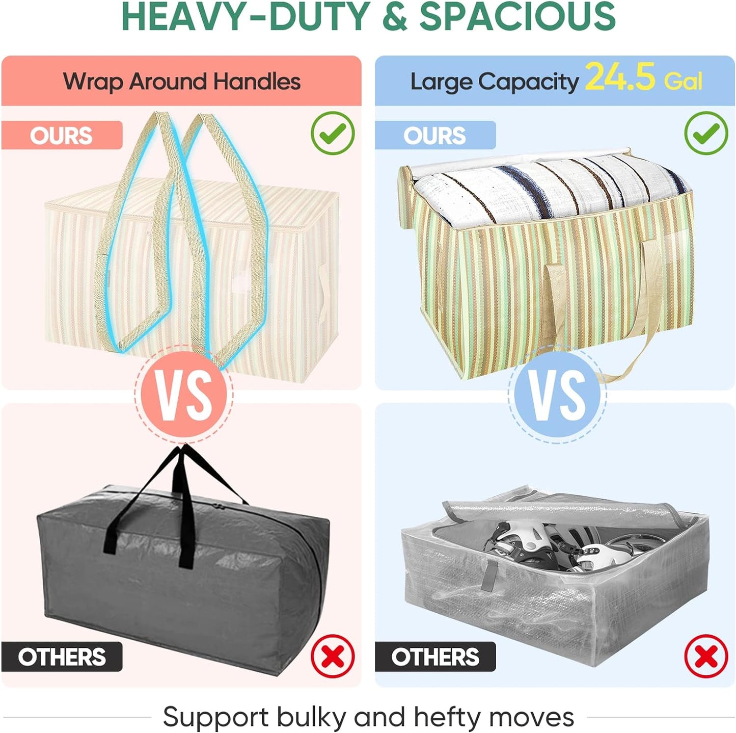 BALEINE 2-Pack Oversized Moving Bags with Reinforced Handles, Heavy-Duty Storage Tote for Clothes, Moving Supplies (Color Strip, 2-Pack)