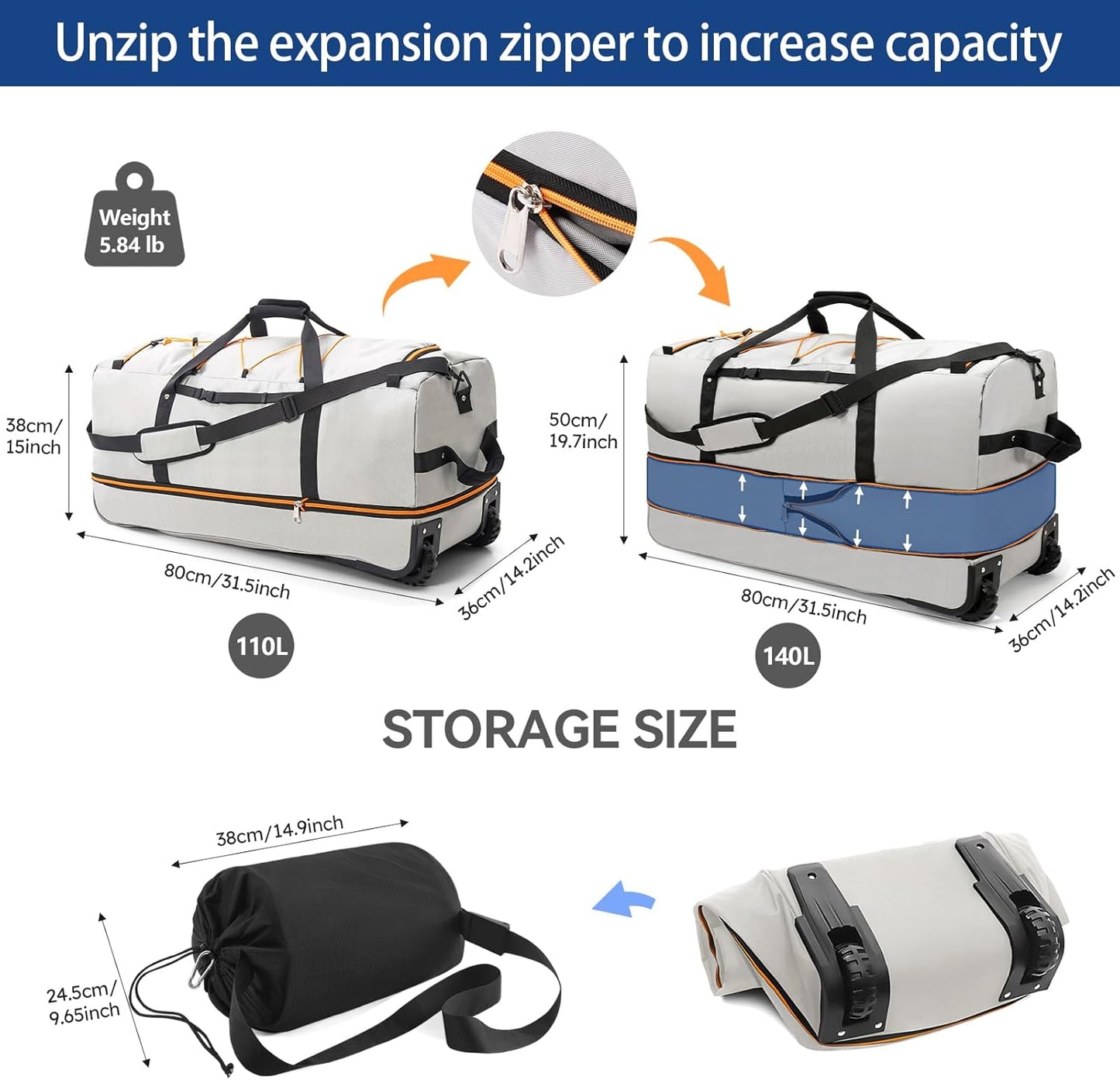 110L Expandable to 140L 32” Foldable Oxford Soft-Sided Rolling Duffle Bag with 2 Heavy-Duty Wheels,3 Large Compartments,Adjustable Shoulder Strap and Attached Organizer Pouch,Grey