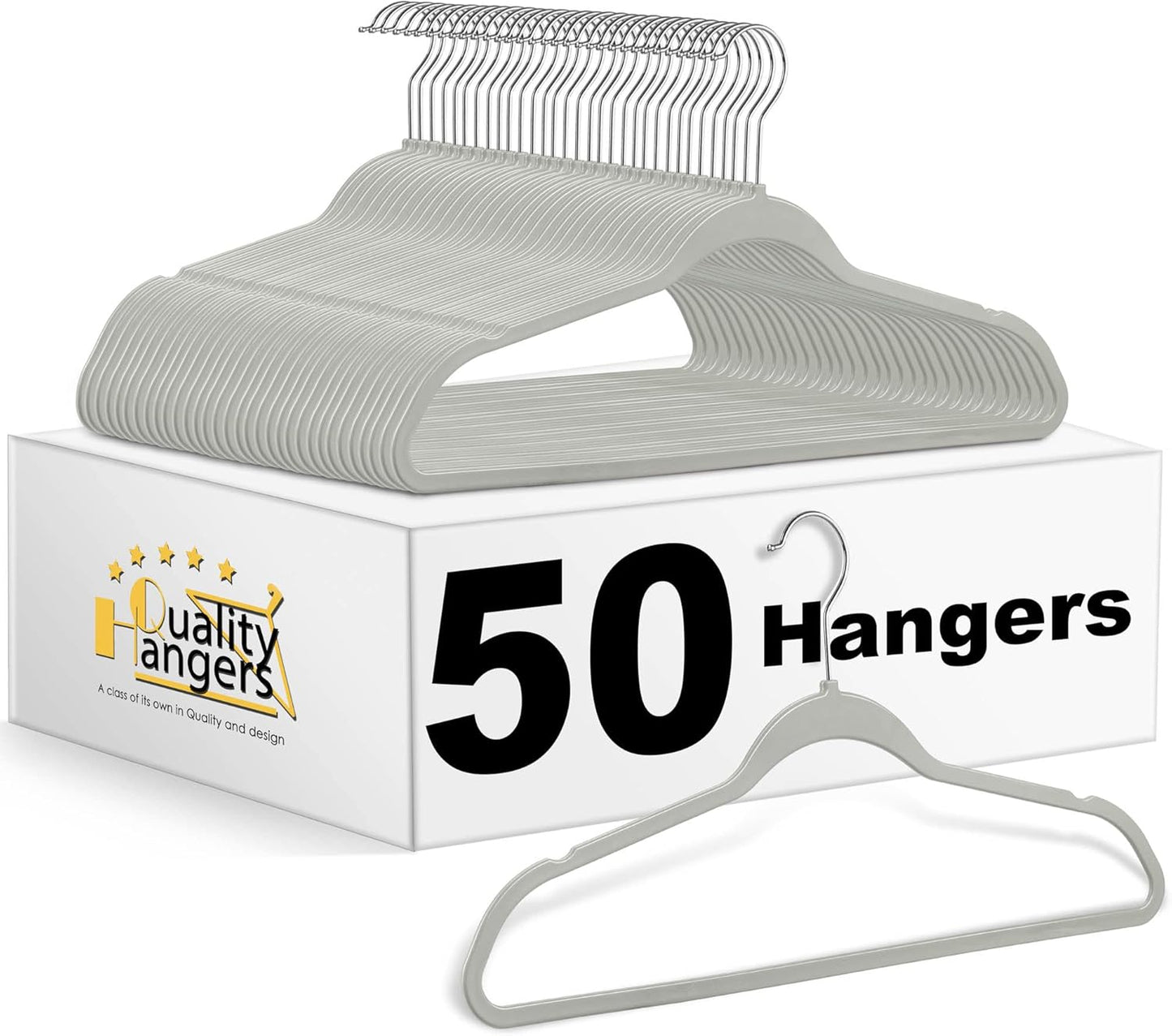 Quality Hangers Clothes Set 50 Pack - Non-Velvet Plastic for Clothes - Heavy Duty Coat Set - Space-Saving Closet With Chrome Swivel Hook, Functional Non-Flocked, Gray