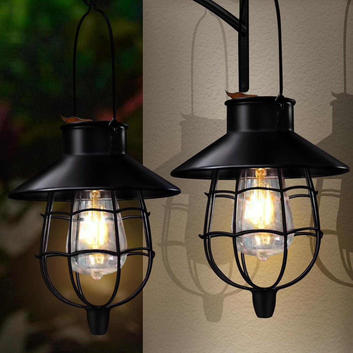 2 Pack Solar Lanterns Outdoor Waterproof Hanging Solar Lights with Vintage Metal Warm White Light Edison Bulb Design, Decorate for Garden Yard Porch and Christmas(Black)