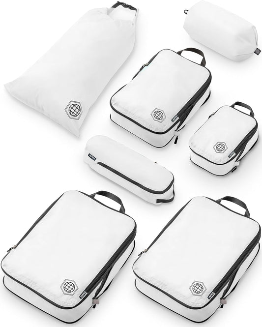 Large Compression Packing Cubes for Travel-Packing Cube Luggage Organizers 7 Piece Set for Checked Luggage-Ultralight, Expandable/Compression Bags by TRIPPED Travel Gear (White/Grey)