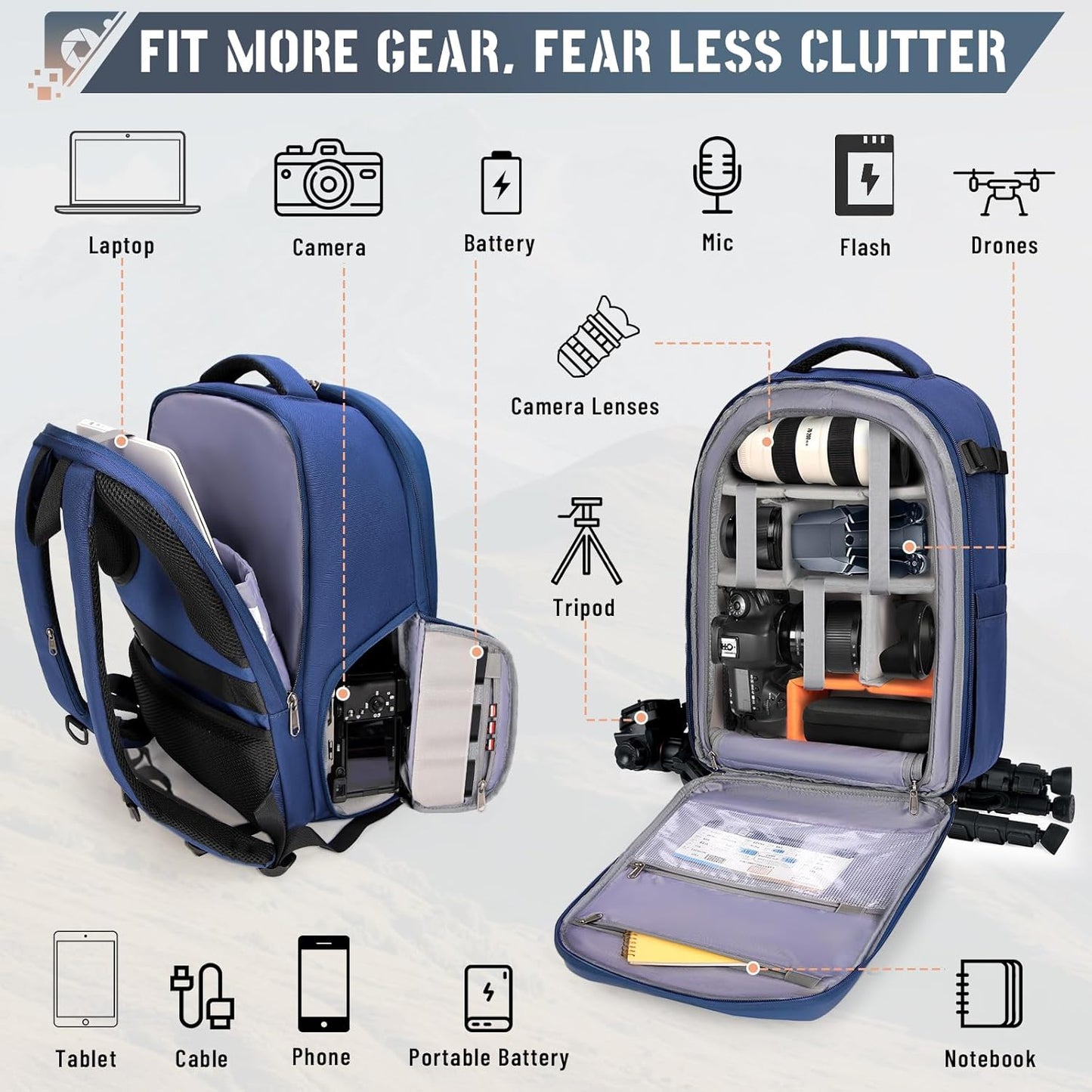 RAINSMORE Camera Backpack Hard Shell for DSLR/SLR Waterproof Camera Bag with Laptop Compartment 15.6 Inch Professional Camera Case with Rain Cover Photography Backpack Bag with Camera Lens Case Blue