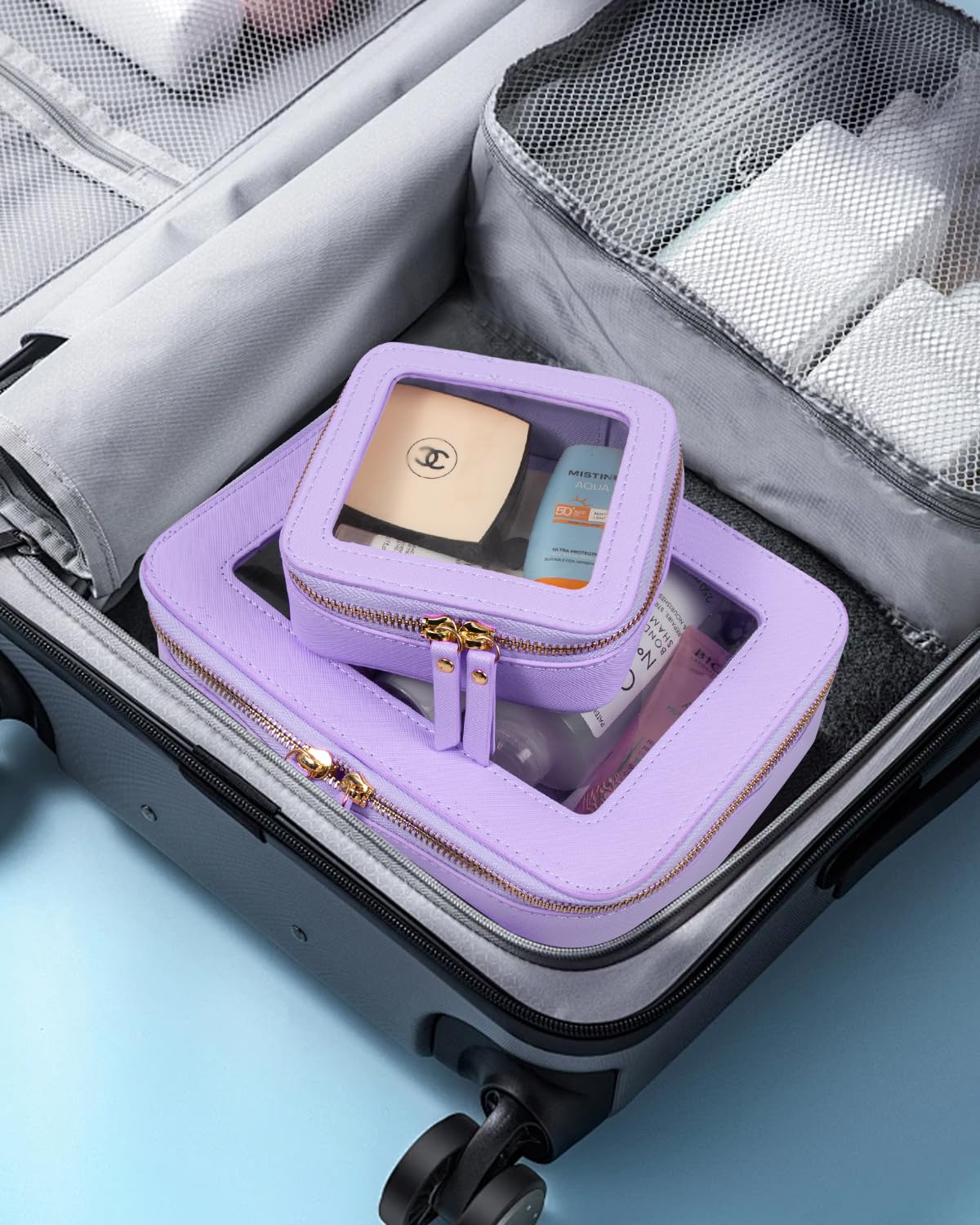 LETGO Clear Makeup Bags Set - TSA Approved Toiletry Bag with Handle Large Opening, Clear Toiletry Bags Case Pouch for Travel Essentials Car Accessories for Women Men (0-2Pack-Purple)